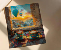 Cappadocia Wall Art, Cave Window Art Print, Hot Air Balloon Poster, Turkish Coffee Decor, Authentic Boho Painting