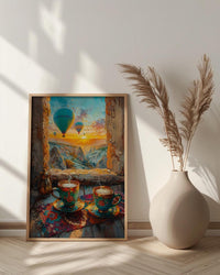 Cappadocia Wall Art, Cave Window Art Print, Hot Air Balloon Poster, Turkish Coffee Decor, Authentic Boho Painting
