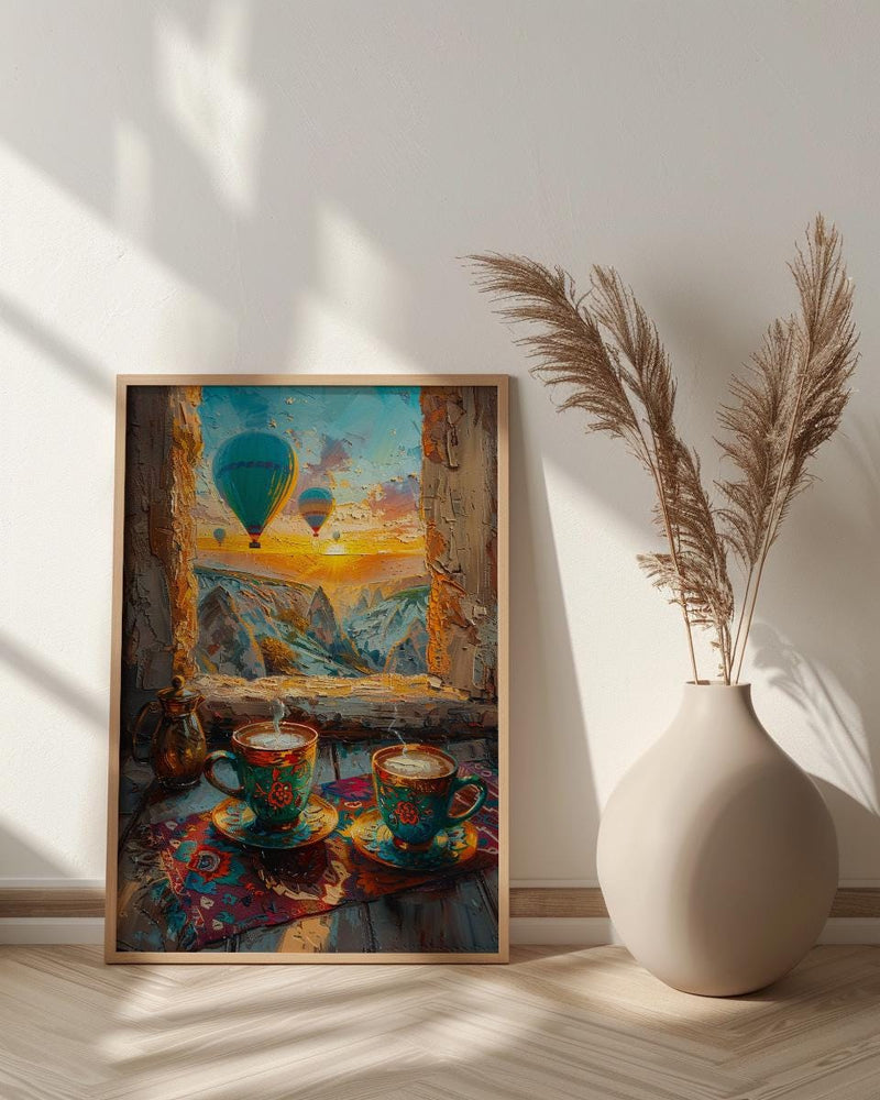 Cappadocia Wall Art, Cave Window Art Print, Hot Air Balloon Poster, Turkish Coffee Decor, Authentic Boho Painting
