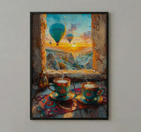 Cappadocia Wall Art, Cave Window Art Print, Hot Air Balloon Poster, Turkish Coffee Decor, Authentic Boho Painting