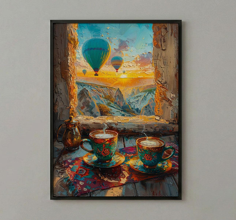 Cappadocia Wall Art, Cave Window Art Print, Hot Air Balloon Poster, Turkish Coffee Decor, Authentic Boho Painting