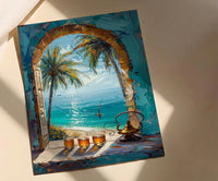 Desert Oasis Art Print, Palm Tree Poster, Relaxing Window Wall Art, Hookah Tea Painting, Middle Eastern Decor
