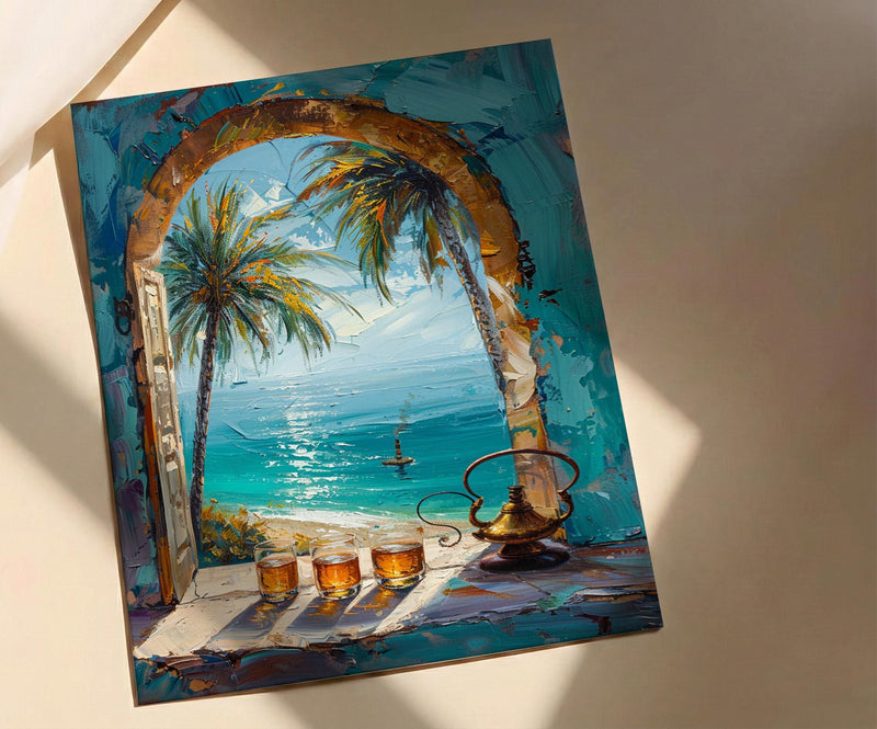 Desert Oasis Art Print, Palm Tree Poster, Relaxing Window Wall Art, Hookah Tea Painting, Middle Eastern Decor