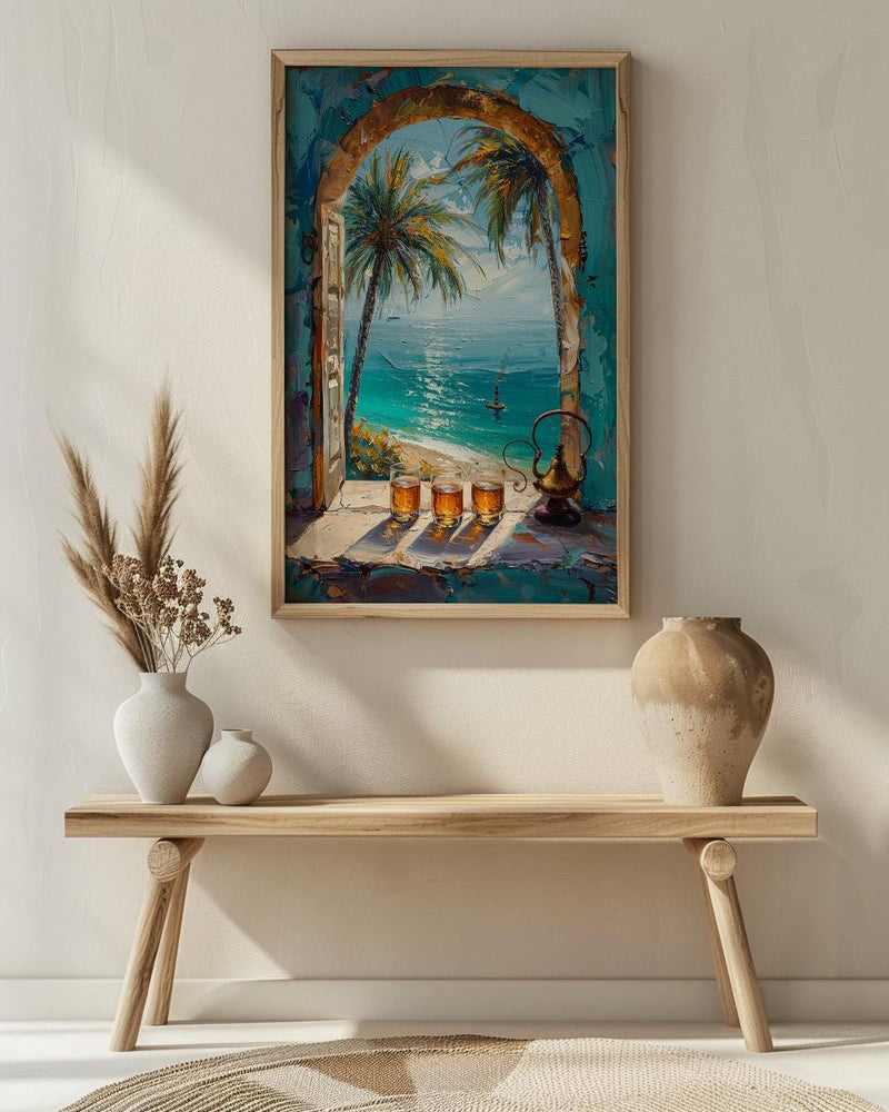Desert Oasis Art Print, Palm Tree Poster, Relaxing Window Wall Art, Hookah Tea Painting, Middle Eastern Decor
