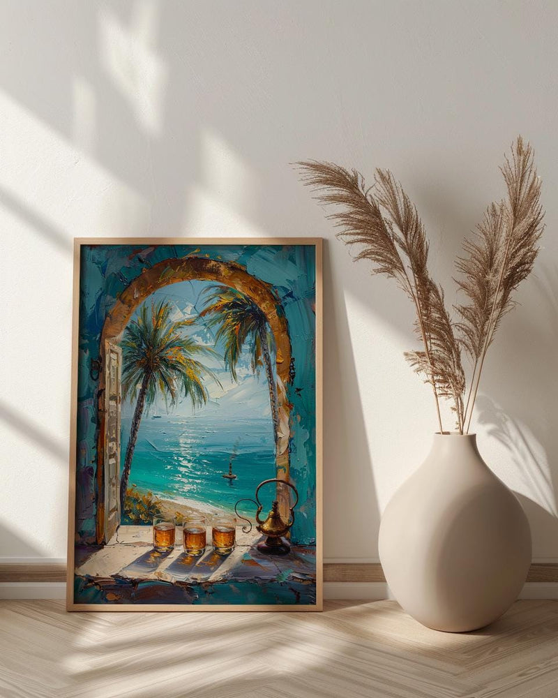 Desert Oasis Art Print, Palm Tree Poster, Relaxing Window Wall Art, Hookah Tea Painting, Middle Eastern Decor