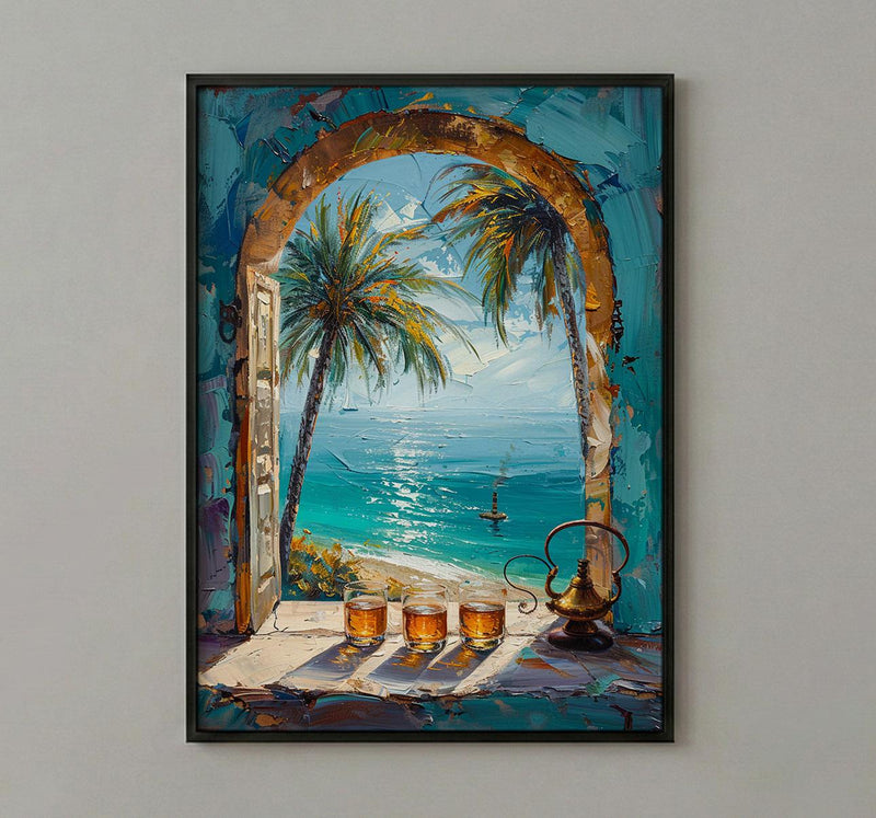 Desert Oasis Art Print, Palm Tree Poster, Relaxing Window Wall Art, Hookah Tea Painting, Middle Eastern Decor