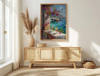Bodrum Wall Art, Aegean Sea Art Print, White Stone Window Poster, Bougainvillea Wine Decor, Turkish Summer Painting