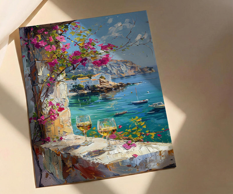 Bodrum Wall Art, Aegean Sea Art Print, White Stone Window Poster, Bougainvillea Wine Decor, Turkish Summer Painting