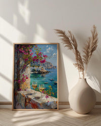 Bodrum Wall Art, Aegean Sea Art Print, White Stone Window Poster, Bougainvillea Wine Decor, Turkish Summer Painting