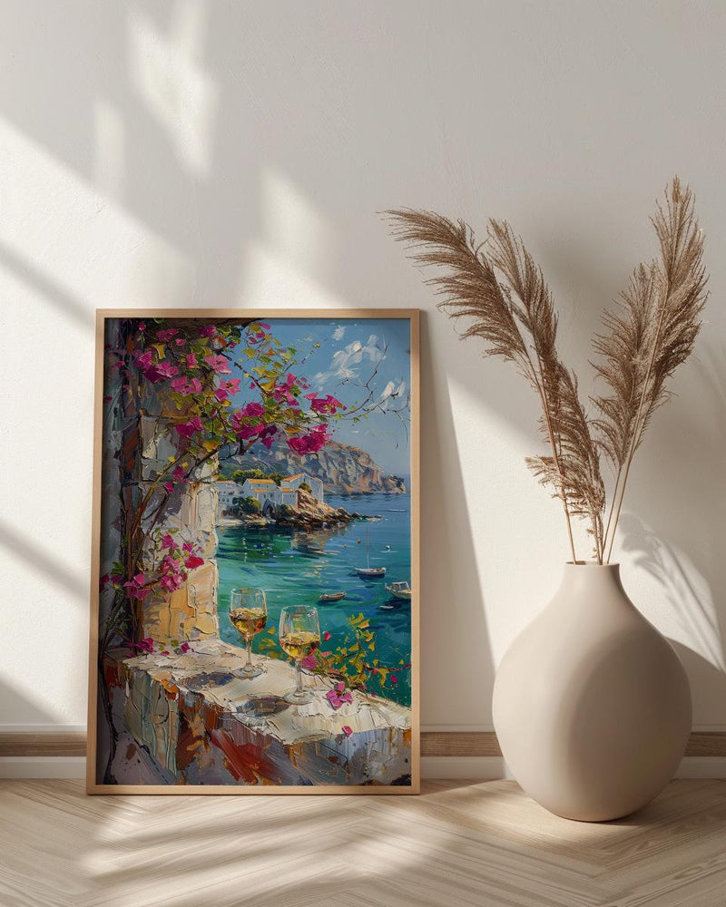 Bodrum Wall Art, Aegean Sea Art Print, White Stone Window Poster, Bougainvillea Wine Decor, Turkish Summer Painting