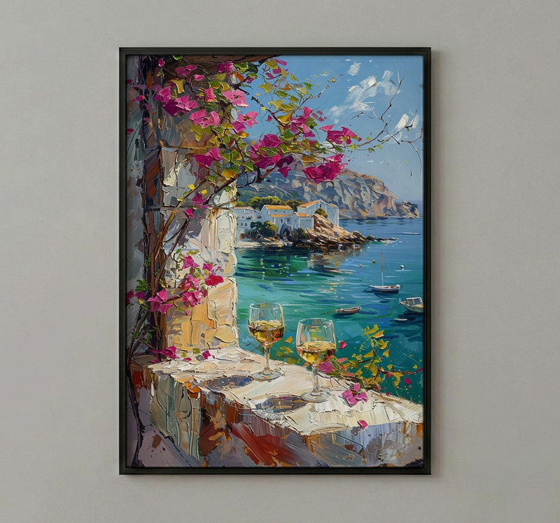 Bodrum Wall Art, Aegean Sea Art Print, White Stone Window Poster, Bougainvillea Wine Decor, Turkish Summer Painting