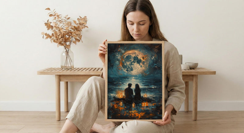 Full Moon Art Print, Witchy Ritual Poster, Mystical Bonfire Wall Art, Spiritual Couple Painting, Gothic Home Decor