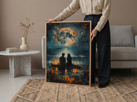 Full Moon Art Print, Witchy Ritual Poster, Mystical Bonfire Wall Art, Spiritual Couple Painting, Gothic Home Decor