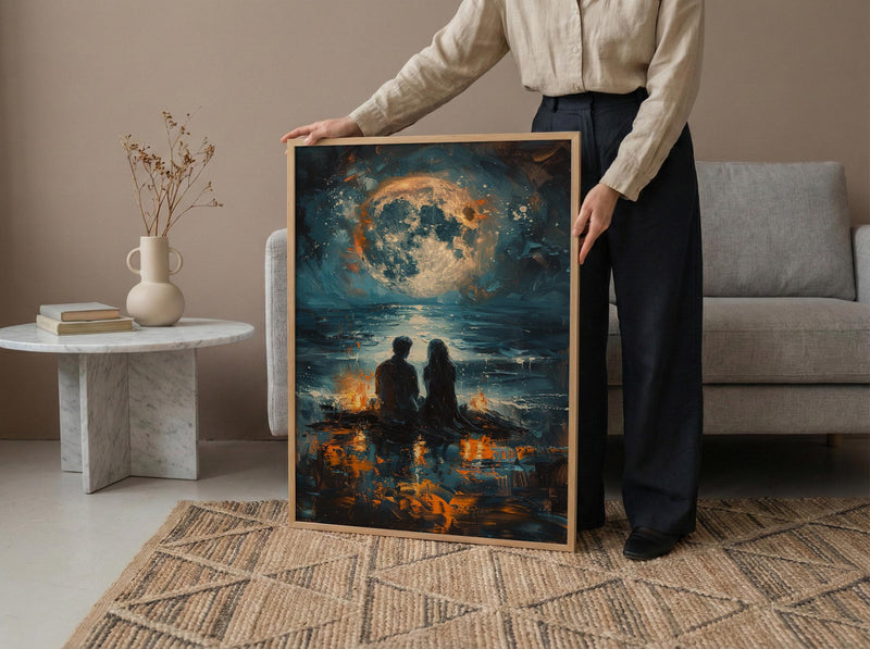 Full Moon Art Print, Witchy Ritual Poster, Mystical Bonfire Wall Art, Spiritual Couple Painting, Gothic Home Decor