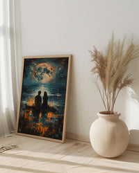 Full Moon Art Print, Witchy Ritual Poster, Mystical Bonfire Wall Art, Spiritual Couple Painting, Gothic Home Decor
