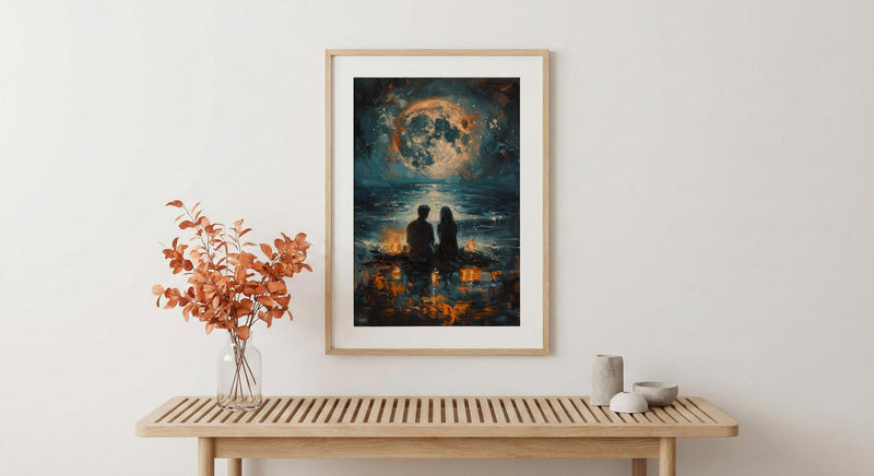 Full Moon Art Print, Witchy Ritual Poster, Mystical Bonfire Wall Art, Spiritual Couple Painting, Gothic Home Decor