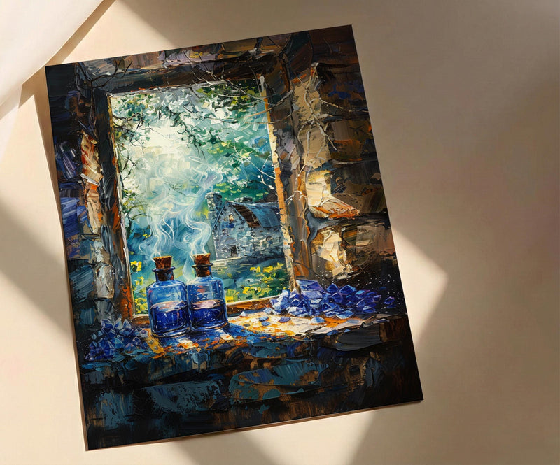 Gothic Wall Art, Witch Cottage Art Print, Spooky Forest Window Poster, Potion Bottles Decor, Dark Academia Painting