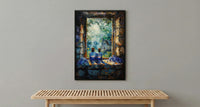 Gothic Wall Art, Witch Cottage Art Print, Spooky Forest Window Poster, Potion Bottles Decor, Dark Academia Painting