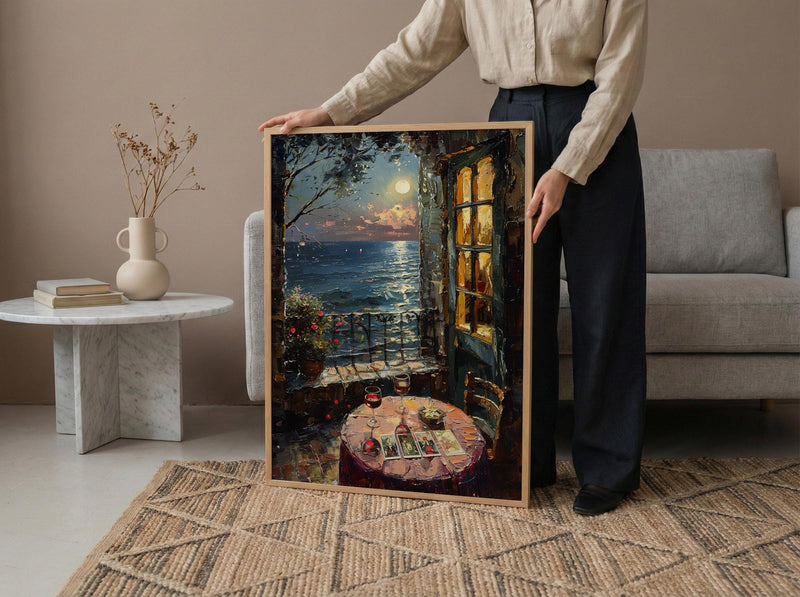 Tarot Poster, Moonlit Garden Art Print, Mystical Window Wall Art, Red Wine Decor, Occult Painting
