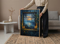 Gothic Art Print, Stormy Window Poster, Castle Wall Art, Burning Candles Decor, Dark Academia Romance Painting