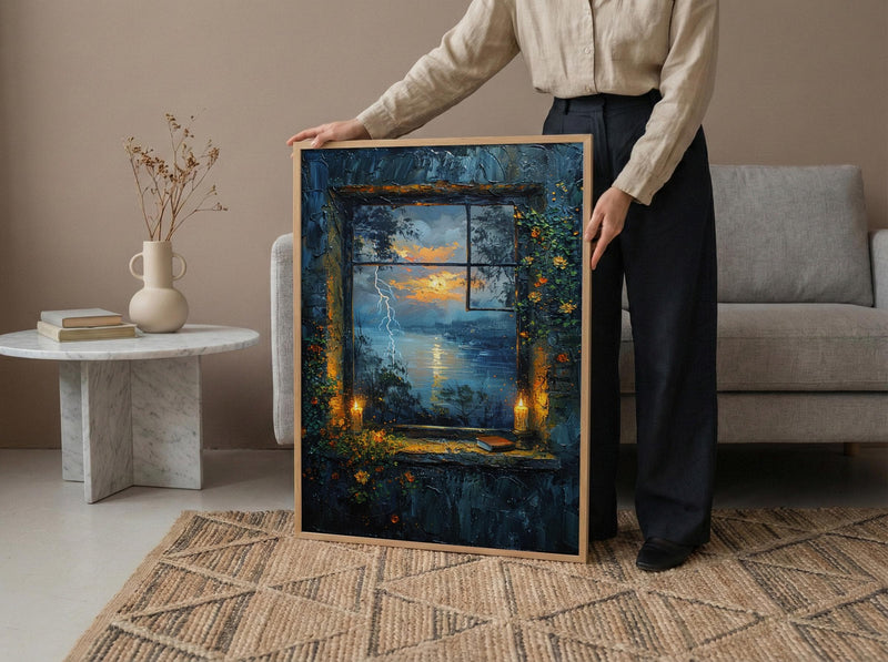 Gothic Art Print, Stormy Window Poster, Castle Wall Art, Burning Candles Decor, Dark Academia Romance Painting