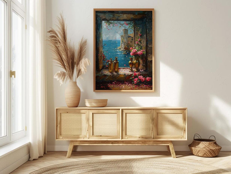 Fantasy Wall Art, Alchemist Window Art Print, Medieval Tower Poster, Golden Chalice Decor, Magical Romance Painting