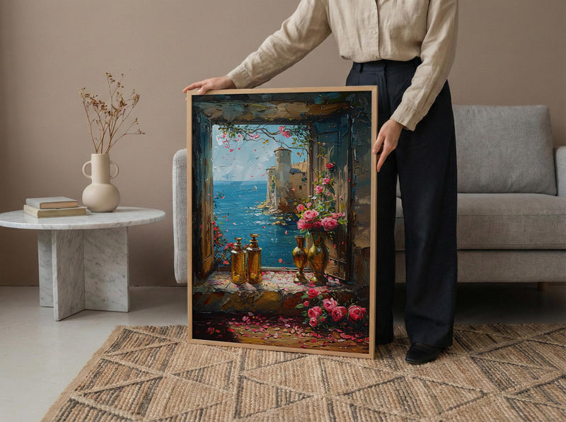 Fantasy Wall Art, Alchemist Window Art Print, Medieval Tower Poster, Golden Chalice Decor, Magical Romance Painting