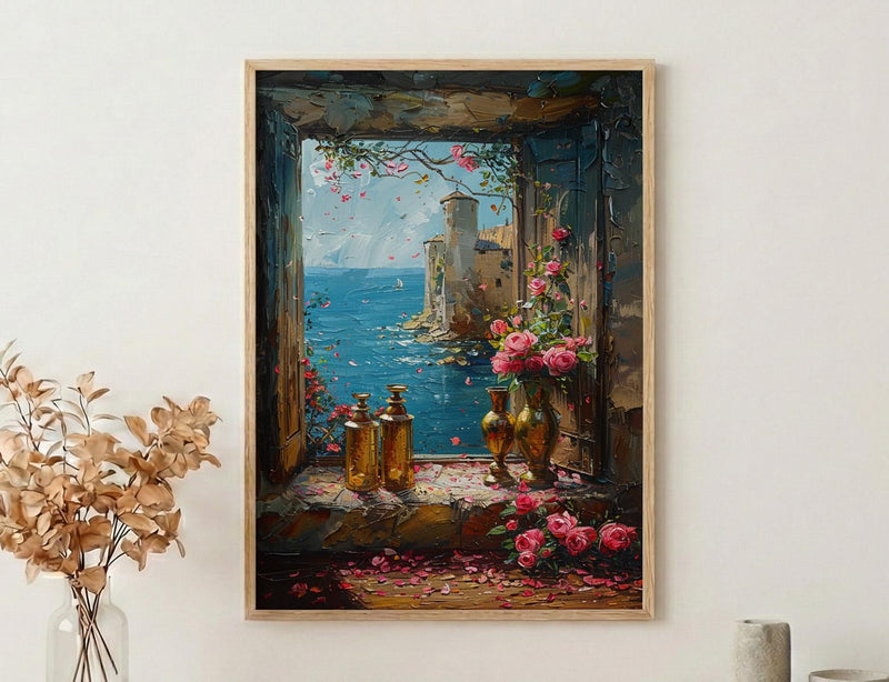 Fantasy Wall Art, Alchemist Window Art Print, Medieval Tower Poster, Golden Chalice Decor, Magical Romance Painting