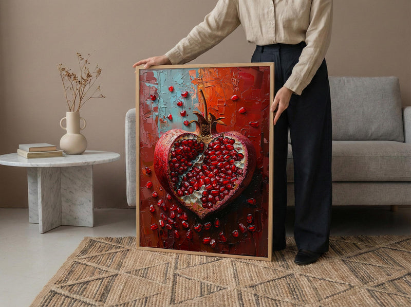 Pomegranate Art, Red Fruit Print, Symbol of Love, Impasto Oil Painting, Kitchen Wall Decor, Abundance Gift, Housewarming Gift