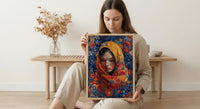 Persian Rug Art, Floral Pattern Print, Boho Wall Decor, Impasto Oil Painting, Red and Blue, Texture Art, Housewarming Gift