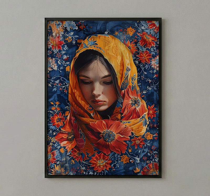 Persian Rug Art, Floral Pattern Print, Boho Wall Decor, Impasto Oil Painting, Red and Blue, Texture Art, Housewarming Gift