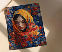 Persian Rug Art, Floral Pattern Print, Boho Wall Decor, Impasto Oil Painting, Red and Blue, Texture Art, Housewarming Gift