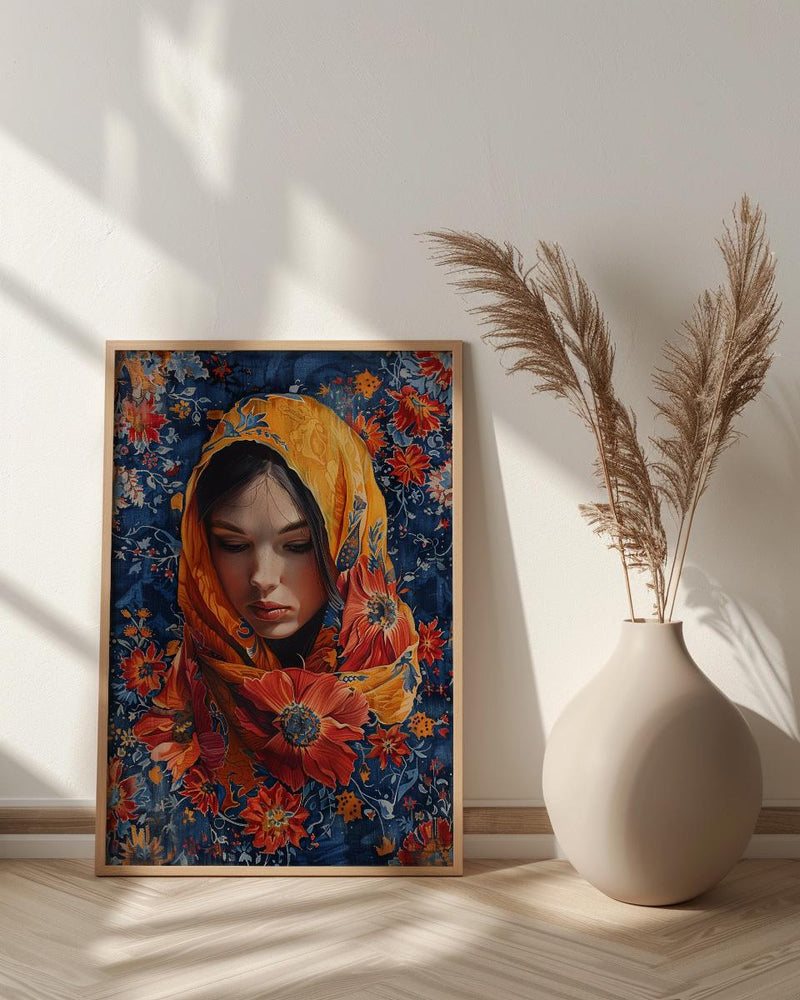 Persian Rug Art, Floral Pattern Print, Boho Wall Decor, Impasto Oil Painting, Red and Blue, Texture Art, Housewarming Gift