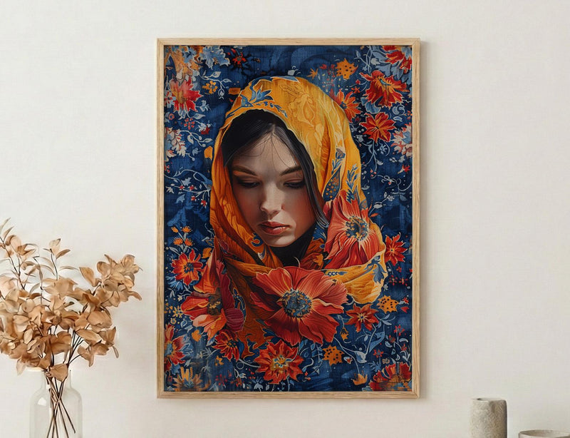 Persian Rug Art, Floral Pattern Print, Boho Wall Decor, Impasto Oil Painting, Red and Blue, Texture Art, Housewarming Gift