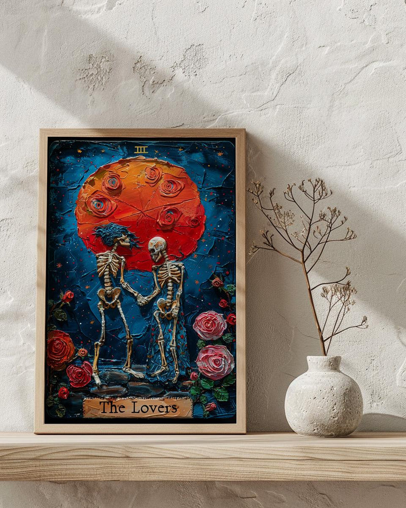 The Lovers Tarot Card Print, Skeleton Art, Gothic Wall Decor, Impasto Oil Painting, Mystical Skull Art, Witchy Gift, Occult Poster