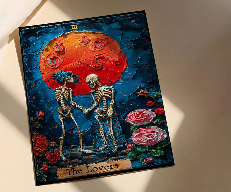 The Lovers Tarot Card Print, Skeleton Art, Gothic Wall Decor, Impasto Oil Painting, Mystical Skull Art, Witchy Gift, Occult Poster