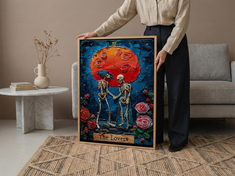 The Lovers Tarot Card Print, Skeleton Art, Gothic Wall Decor, Impasto Oil Painting, Mystical Skull Art, Witchy Gift, Occult Poster