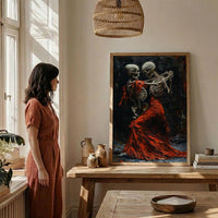 Dancing Skeleton Art, Danse Macabre Print, Gothic Romance Decor, Impasto Oil Painting, Red Dress, Dark Fantasy, Music Lover Gift