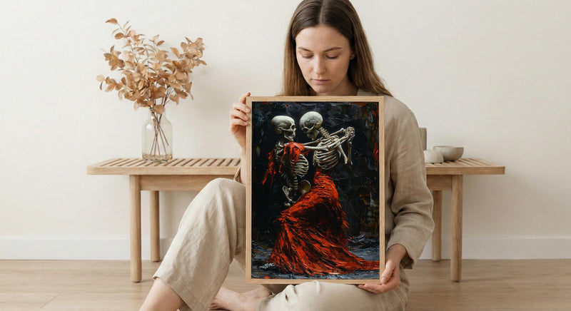 Dancing Skeleton Art, Danse Macabre Print, Gothic Romance Decor, Impasto Oil Painting, Red Dress, Dark Fantasy, Music Lover Gift