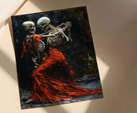 Dancing Skeleton Art, Danse Macabre Print, Gothic Romance Decor, Impasto Oil Painting, Red Dress, Dark Fantasy, Music Lover Gift