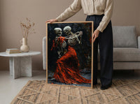 Dancing Skeleton Art, Danse Macabre Print, Gothic Romance Decor, Impasto Oil Painting, Red Dress, Dark Fantasy, Music Lover Gift