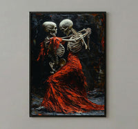 Dancing Skeleton Art, Danse Macabre Print, Gothic Romance Decor, Impasto Oil Painting, Red Dress, Dark Fantasy, Music Lover Gift