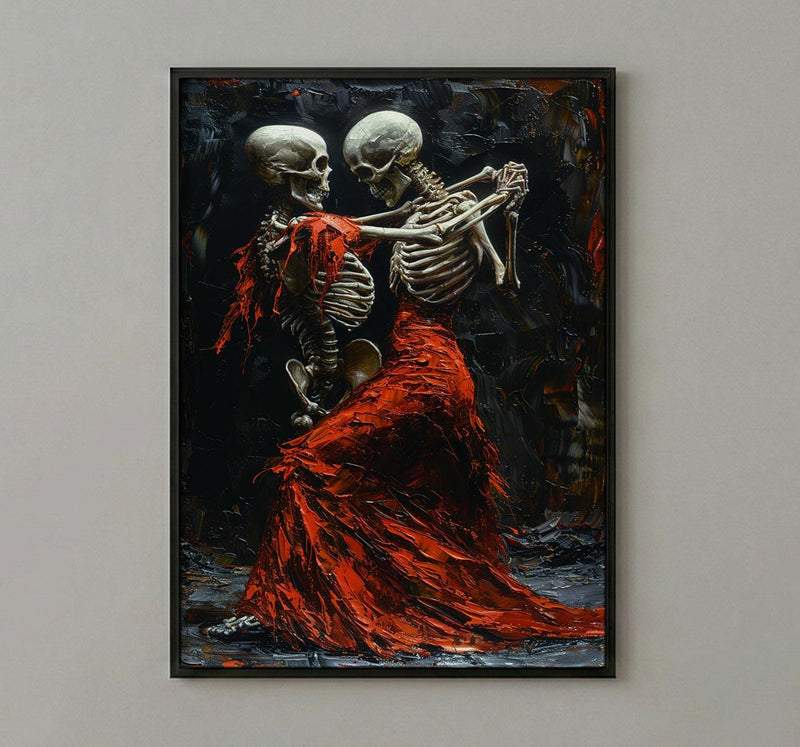 Dancing Skeleton Art, Danse Macabre Print, Gothic Romance Decor, Impasto Oil Painting, Red Dress, Dark Fantasy, Music Lover Gift