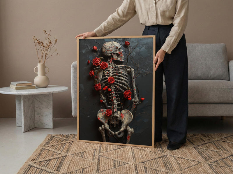 Skeleton Ribcage Art, Floral Anatomy Print, Dark Academia Decor, Impasto Oil Painting, Red Roses, Gothic Garden, Medical Art