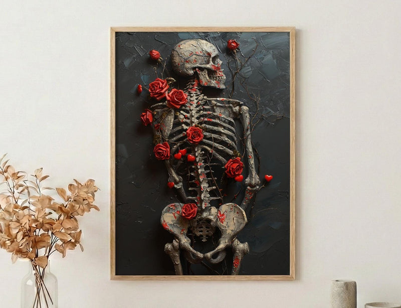 Skeleton Ribcage Art, Floral Anatomy Print, Dark Academia Decor, Impasto Oil Painting, Red Roses, Gothic Garden, Medical Art
