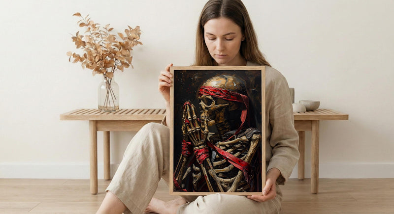 Skeleton Pinky Swear Art, Best Friend Gift, Gothic Promise Print, Impasto Oil Painting, Red Ribbon, Couple Art, Unbreakable Bond