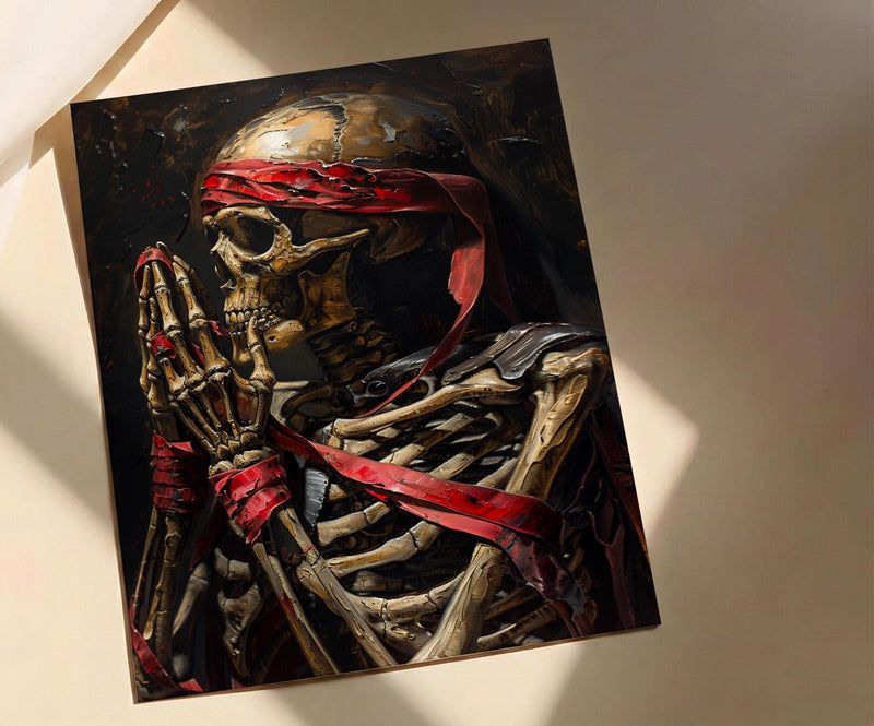 Skeleton Pinky Swear Art, Best Friend Gift, Gothic Promise Print, Impasto Oil Painting, Red Ribbon, Couple Art, Unbreakable Bond