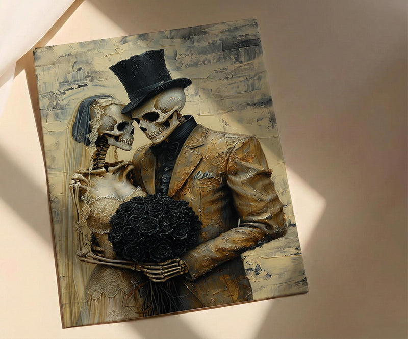 Skeleton Wedding Art, Gothic Bride Groom, Till Death Do Us Part, Impasto Oil Painting, Victorian Goth, Anniversary Gift, Dark Love