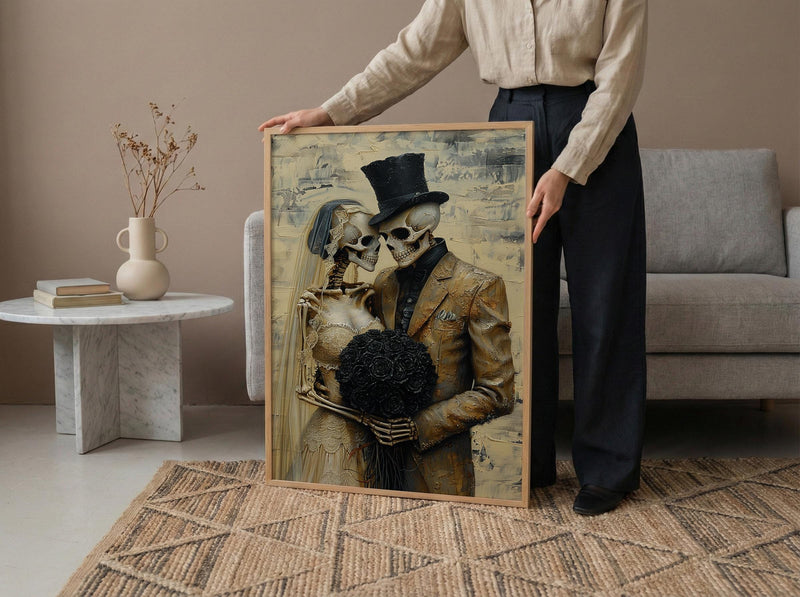 Skeleton Wedding Art, Gothic Bride Groom, Till Death Do Us Part, Impasto Oil Painting, Victorian Goth, Anniversary Gift, Dark Love