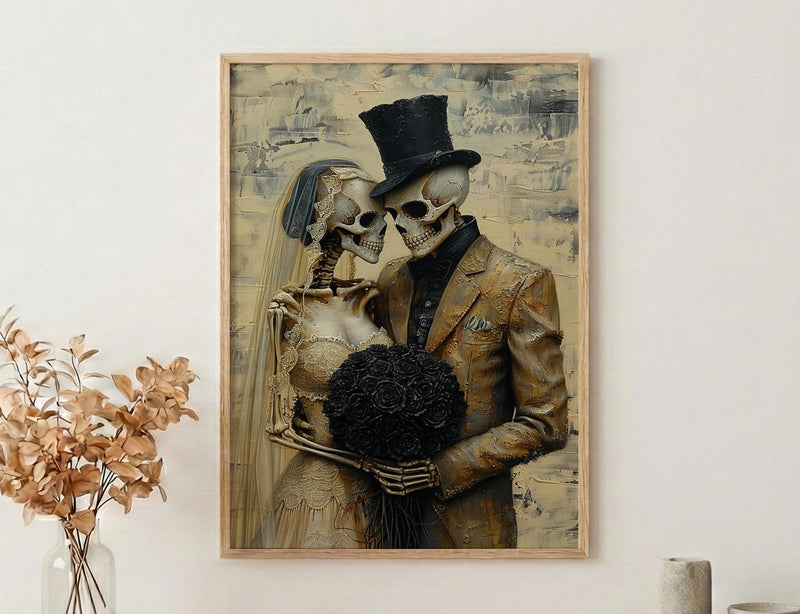 Skeleton Wedding Art, Gothic Bride Groom, Till Death Do Us Part, Impasto Oil Painting, Victorian Goth, Anniversary Gift, Dark Love